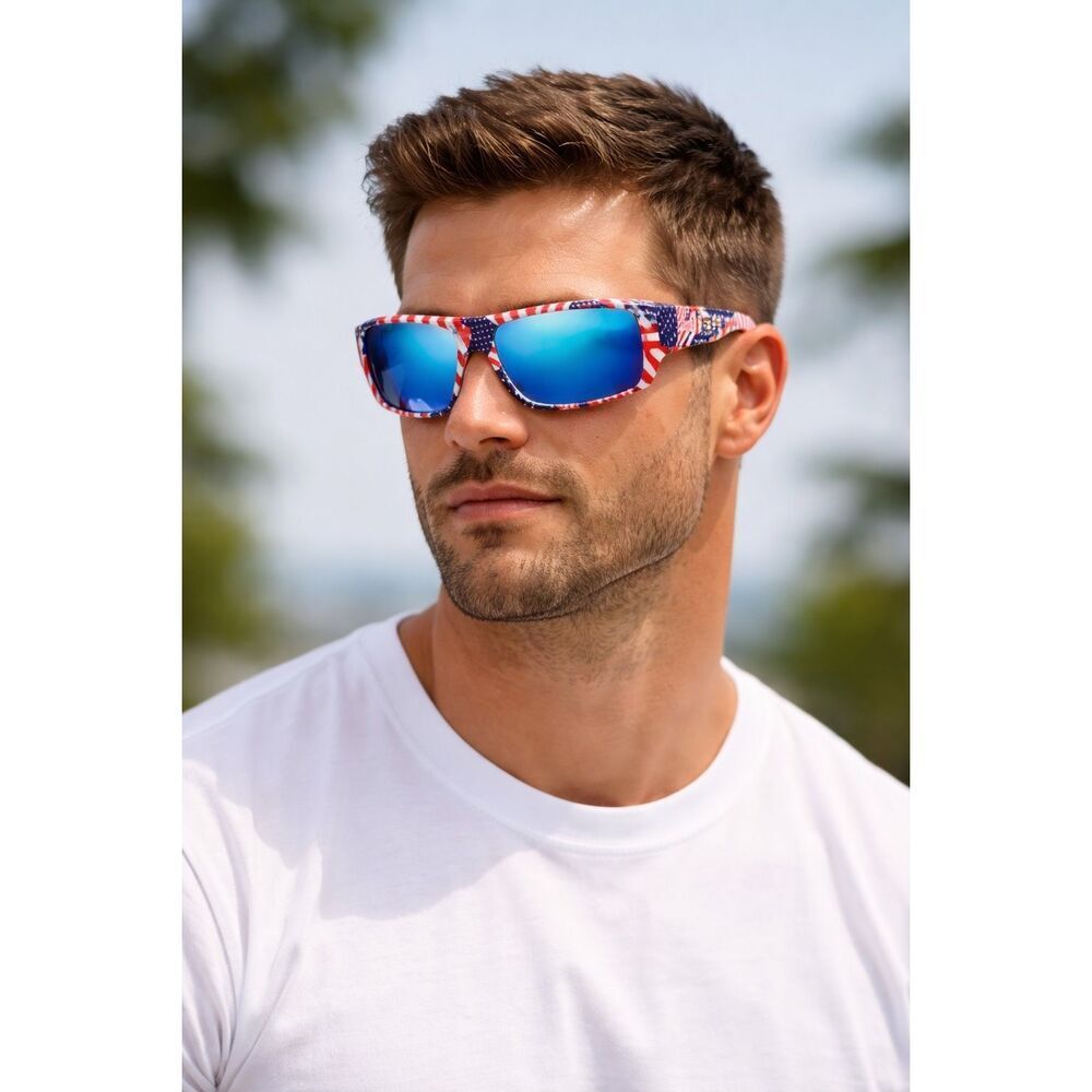 Men’s Patriotic American Flag Sunglasses Blue Mirrored Lens UV Protection